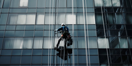 Window cleaner is working on the office buildingの素材