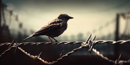 barbed wire fence bird freedom conceptの素材