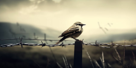 barbed wire fence bird freedom conceptの素材