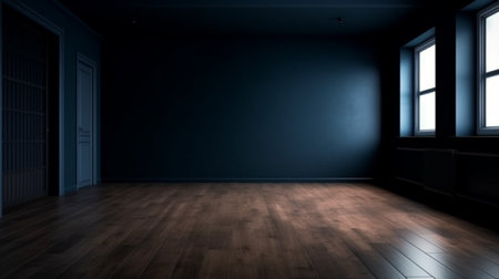 blank Dark blue wall in an empty room with a wooden floor. front view.の素材