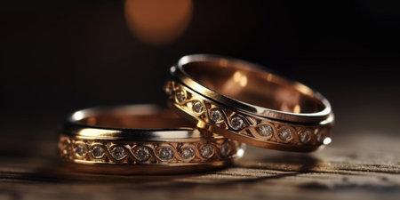 A pair of gold wedding rings on blurred backgroundの素材