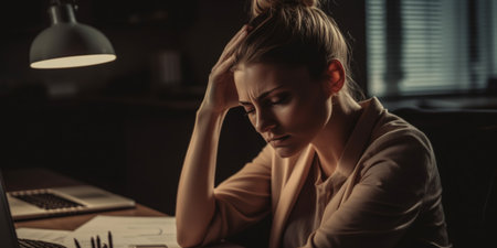 A woman sits at her desk, her face contorted in pain as she rubs her jawの素材