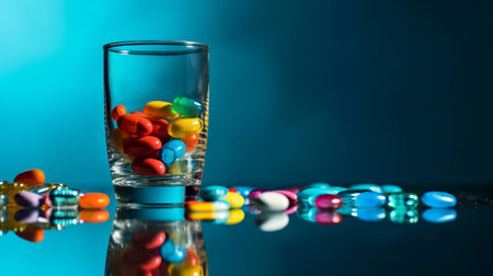 Colorful pills and glass of water on blue background. Selective focus.の素材
