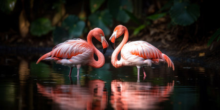 A pair of pink flamingos making a heart shape in reflection pondの素材