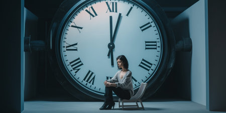 A woman with a laptop is sitting on a big clockの素材
