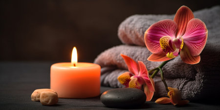 Background of spa center towel candle orchid and massage stonesの素材