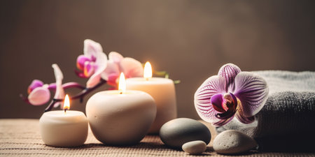 Background of spa center towel candle orchid and massage stonesの素材
