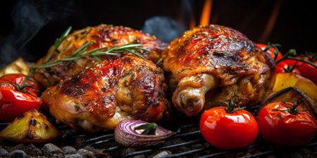 Grilled chicken legs on the flaming grill with grilled vegetables with tomatoes, potatoes, pepper seeds, saltの素材