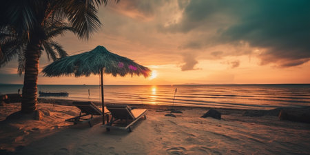 Beautiful tropical sunset scenery, two sun beds, loungers, umbrella under palm treeの素材