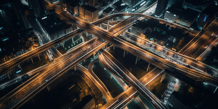 Expressway top view, Road traffic an important infrastructure, car traffic transportation above intersection road in city nightの素材
