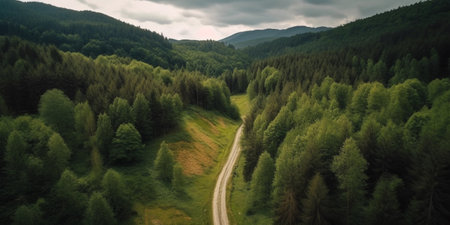 Aerial view of a road in the middle of the forest , road curve construction up to mountain. top viewの素材