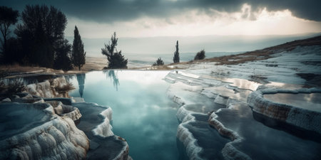 Pamukkale, mineral hotsprings of natural travertine, white and glistening, rain drops create ripples on the placid pools of beatiful aqua, nature photography, cinematic, ethereal lightingの素材