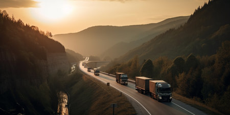 Trucks on highway in mountain at sunsetの素材
