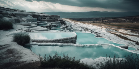 Pamukkale, mineral hotsprings of natural travertine, white and glistening, rain drops create ripples on the placid pools of beatiful aqua, nature photography, cinematic, ethereal lightingの素材