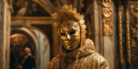 Person wearing a gold facemask and carnival costume standing in doge's palace venice italy. Venetian Carnivalの素材