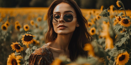 italian woman in a field with nothing but grass and some sunflowersの素材