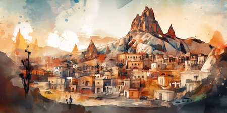 watercolor panoramic CAPPADOCIA illustrationの素材