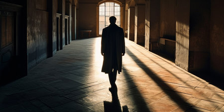 businessman walking alone with glowing lightの素材