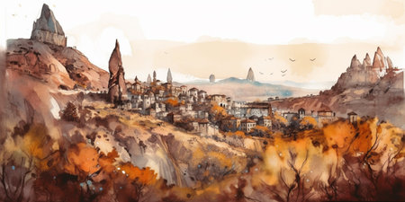 watercolor panoramic CAPPADOCIA illustrationの素材