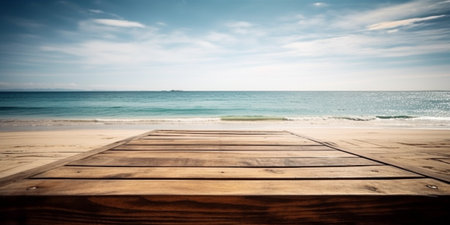 empty Wooden Table In tropical beachの素材