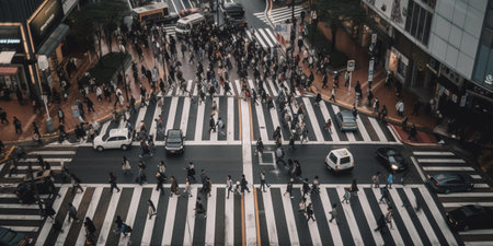 top view crowd of people walking on the roadの素材