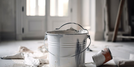 the paint in a clean bucket is white, the background is a beautiful country houseの素材
