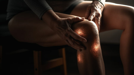 A woman having knee pain, focus in the knee area, show as if he is having savior pain, Hands and leg need to beの素材