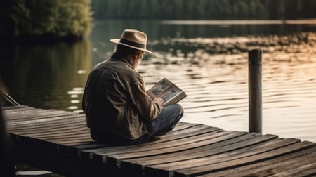 A man sitting on a wooden dock by the lake and reading a book. back viewの素材
