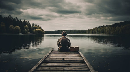 A man sitting on a wooden dock by the lake and reading a book. back viewの素材