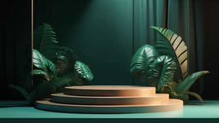 product display podium scene with leaf platform. stand to show cosmetic productの素材