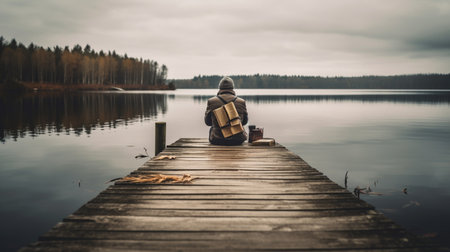A man sitting on a wooden dock by the lake and reading a book. back viewの素材