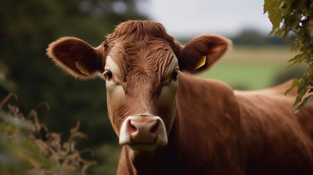 A brown cow looking over a hedgerow on a farm inの素材