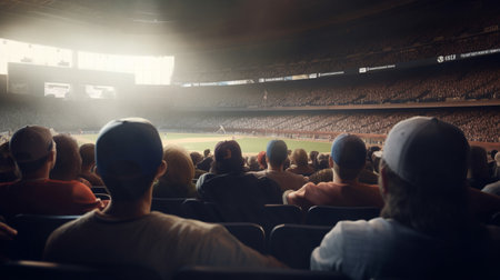 Baseball fans and crowd cheering in stadium and watching the game in ballparkの素材