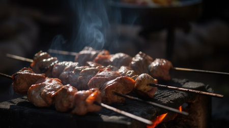 kebab meat on skewers in front of the grillの素材