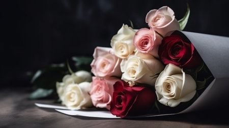 Bouquet of roses with white envelope. front viewの素材