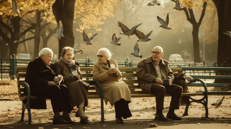 Elderly peoples sitting on a bench in a park with pigeons flying around themの素材