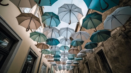 Bottom view of umbrellas on the streetの素材