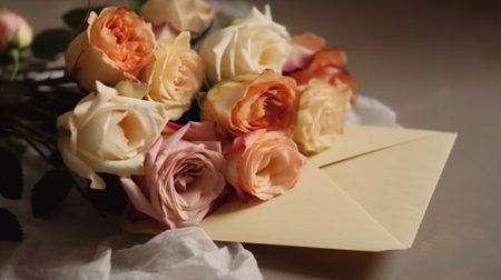Bouquet of roses with white envelope. front viewの素材