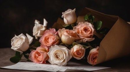 Bouquet of roses with white envelopeの素材