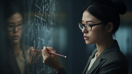 Business woman writing on glassの素材