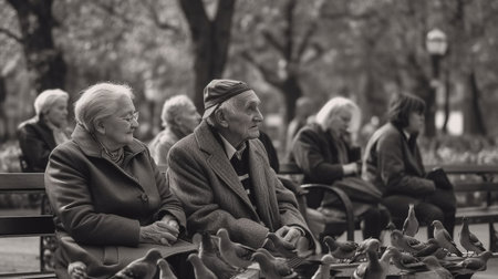 Elderly peoples sitting on a bench in a park with pigeons flying around themの素材