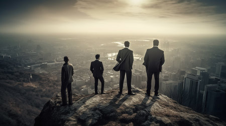 Business people standing on top of a cliff, looking at the cityの素材