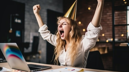 Excited young woman sitting at table with laptop and celebrating successの素材