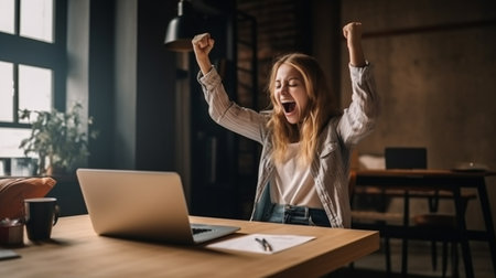 Excited young woman sitting at table with laptop and celebrating successの素材