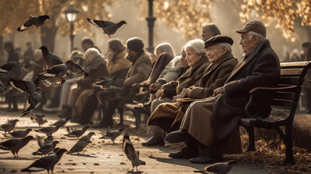 Elderly peoples sitting on a bench in a park with pigeons flying around themの素材