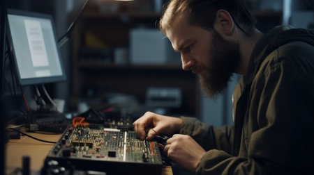 Electronic technician working. Front viewの素材