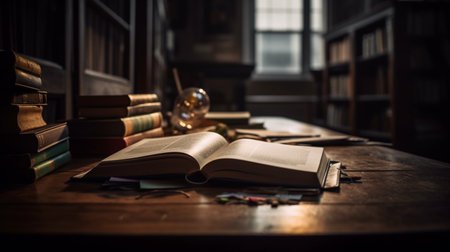 Book in library with open textbookの素材