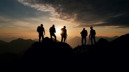 Group of people silhouette on peak mountain climbing helping team work , travel trekking success business conceptの素材