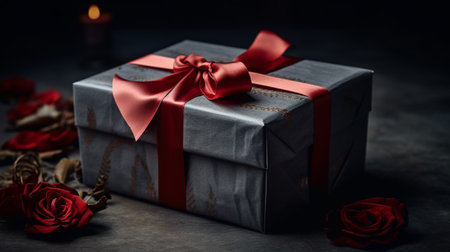 gift in a beautiful box with a red bow and grey blanketの素材