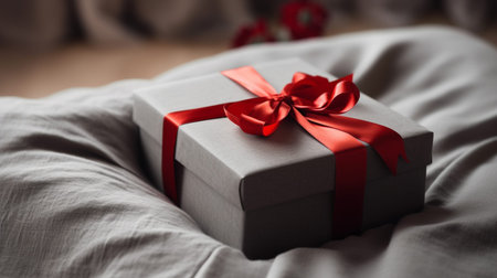 gift in a beautiful box with a red bow and grey blanketの素材